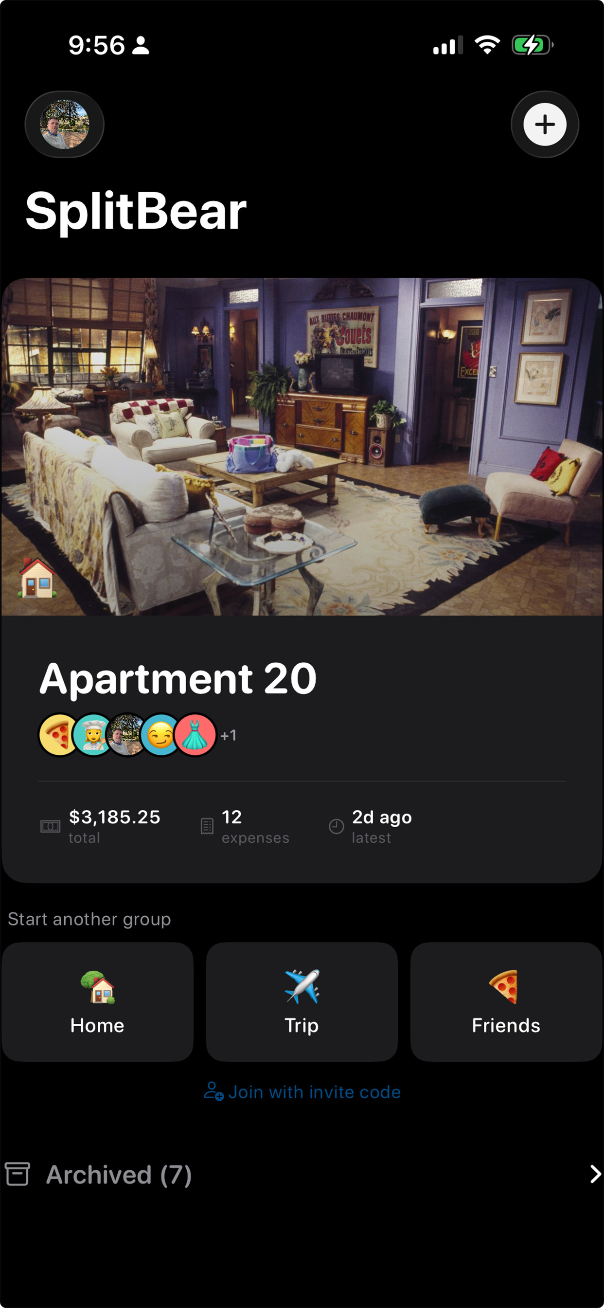 SplitBear home screen